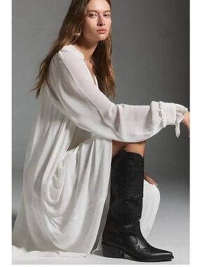 Anthropologie Stivali Black Leather Jolene Western Embroidered Tall Cowboy Boots